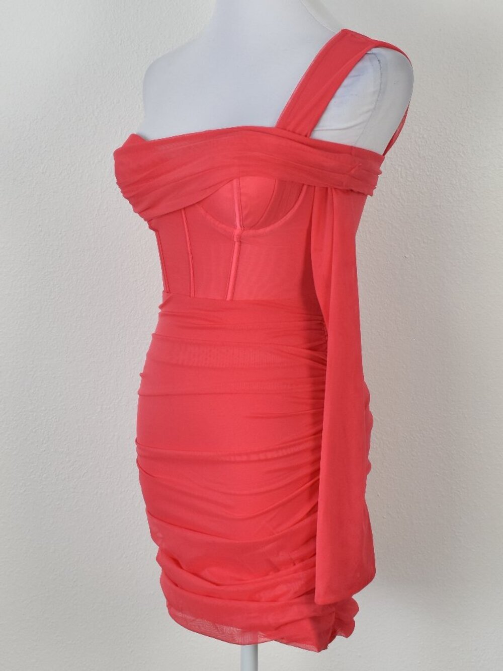 Oh Polly One For You Mesh Asymmetric Off Shoulder Mini Dress Pink - 2 - Picture 5 of 10